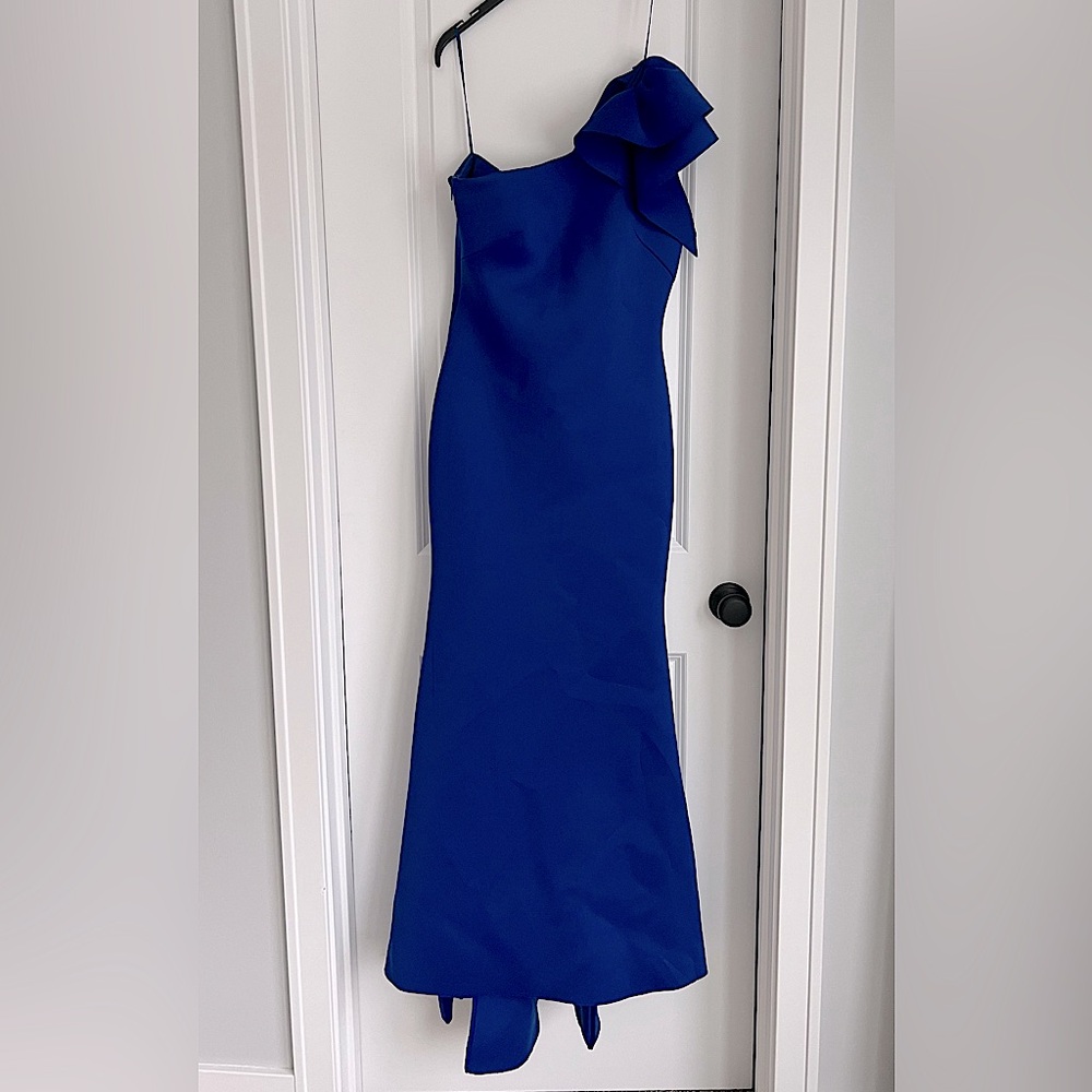 Eliza J One-Shoulder Royal Blue Scuba Gown EUC